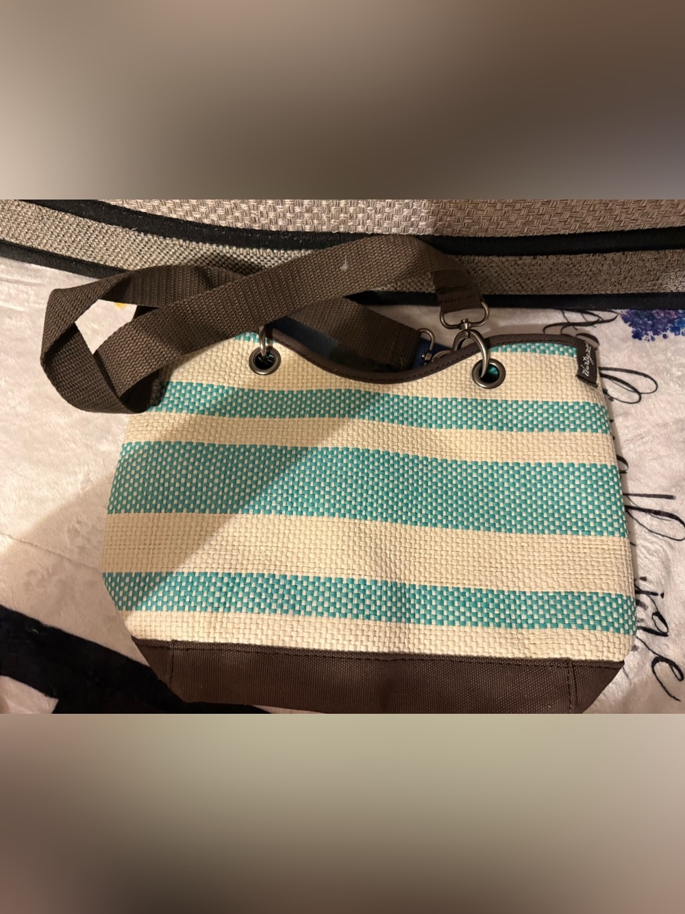 thirty-one Teal and Cream Woven Tote with Brown Trim